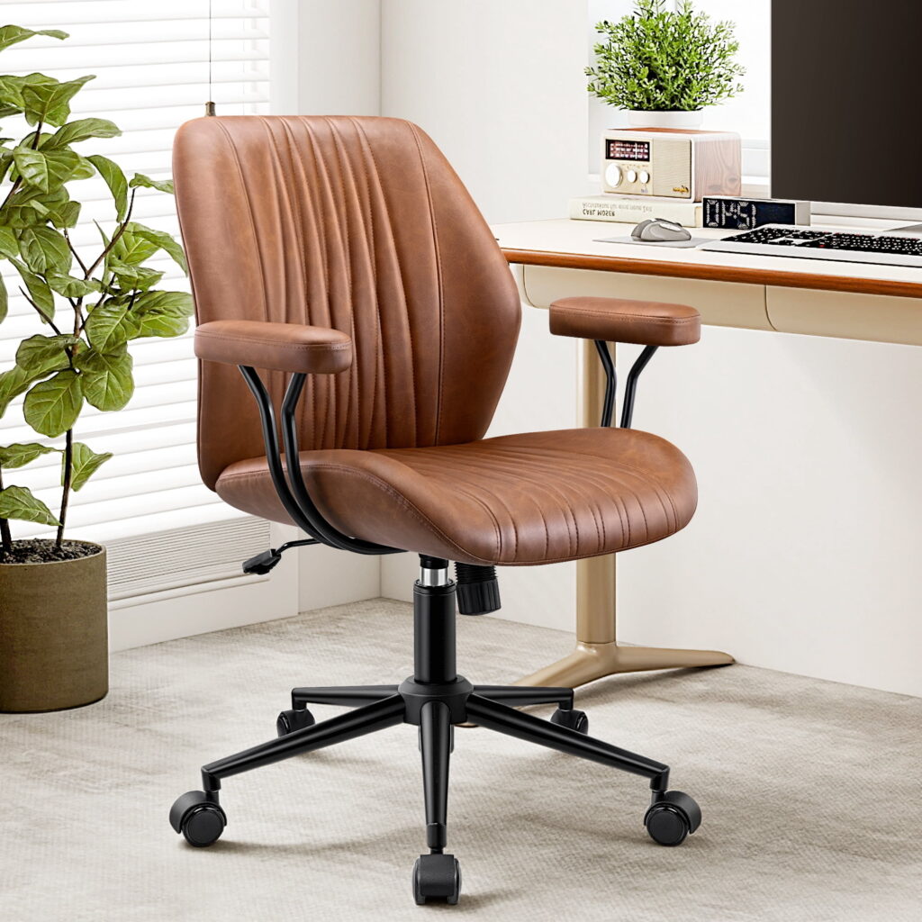 FelixKing Ergonomic Leather Desk Chair Mid Back Executive Office Chair with Lumbar Support, Removable Arms, Adjustable Height Rocking Swivel Computer Chair for Home Office, Brown