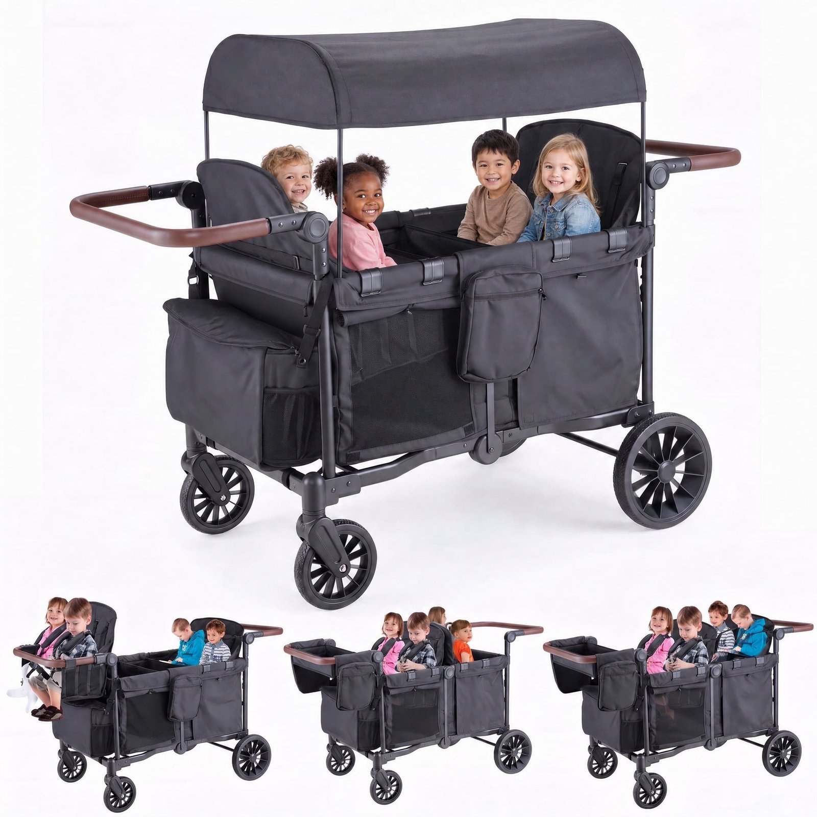 SACVON 4-in-1 Baby Stroller Wagon, 4-Seat Convertible Wagon for Kids with Removable Canopy, Cooler Bag, Adjustable Handle, for Outdoor Camping & Travel, Black