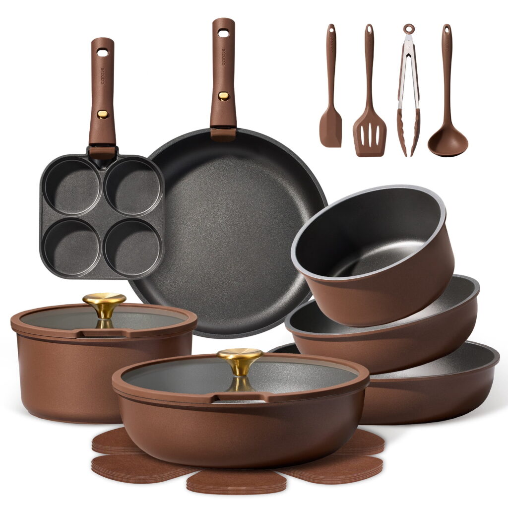 CAROTE 21 Pcs Nonstick Cookware Sets, Pots and Pans Set with Detachable Handles, Oven Safe, Induction Cookware, Stackable Kitchen Cooking Set, Brown