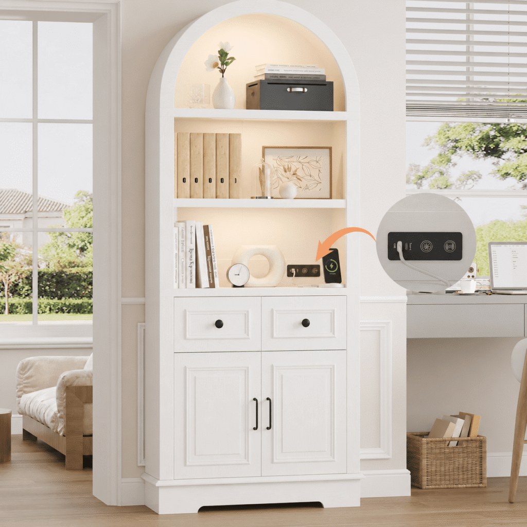 71" Tall Arched Bookcase with Storage, 3-Color LED Lights & Motion Sensor, 2 Drawers, Doors & Adjustable Shelf, Freestanding Storage Cabinet for Living Room, Home Office, Bedroom & Entryway, White