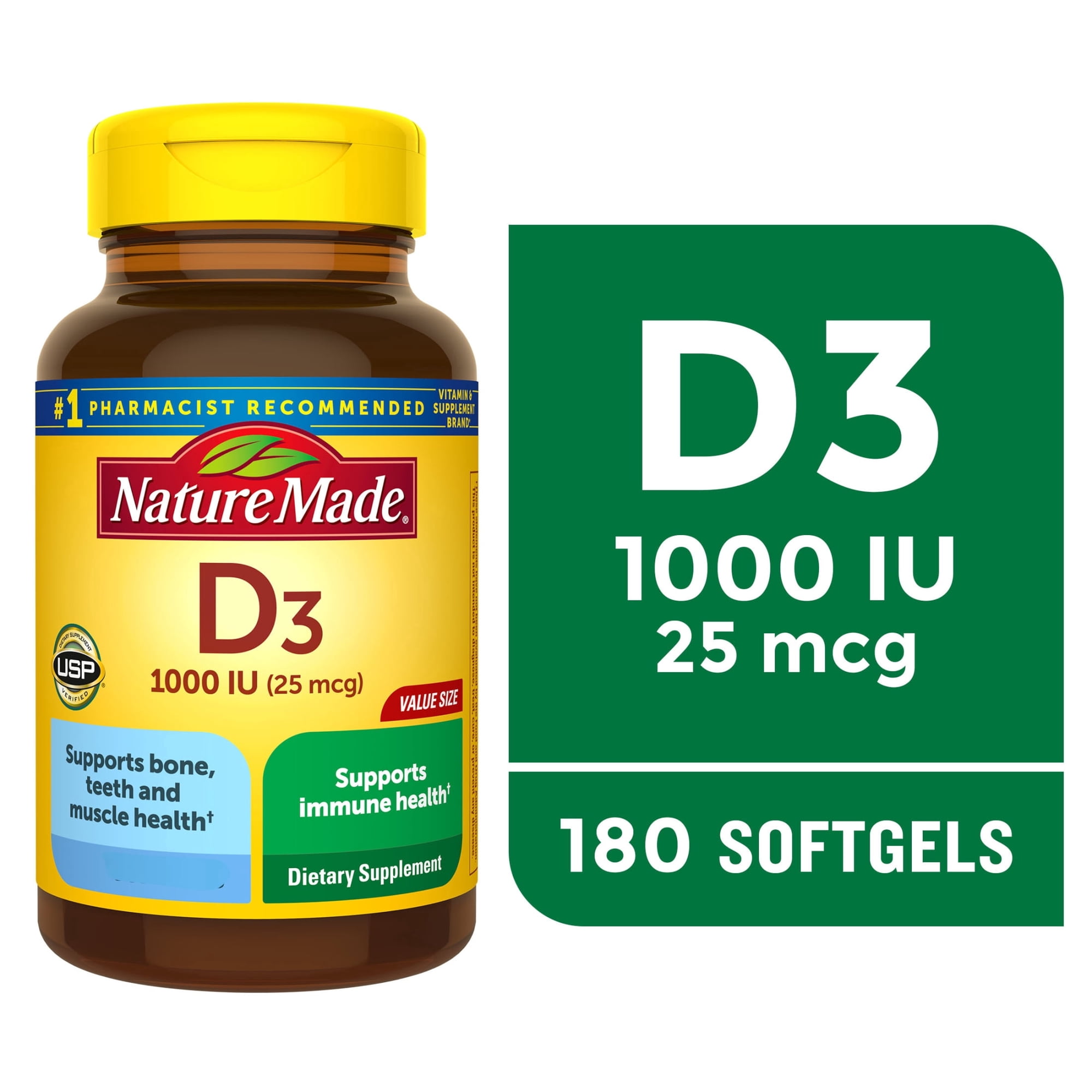 Nature Made Vitamin D3 Supplement, 1000 IU (25 mcg) Vitamin D Softgels, 180 Count