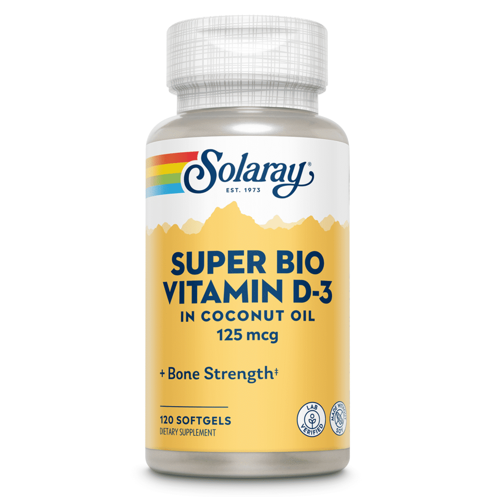 Solaray Super Bio Vitamin D 3 in Coconut Oil - Vitamin D3 5000 IU (125 mcg) - Bone Health and Immune Support Supplement - Lab Verified, Made Without Soy, 60-Day Guarantee - 120 Softgels, 120 Servings