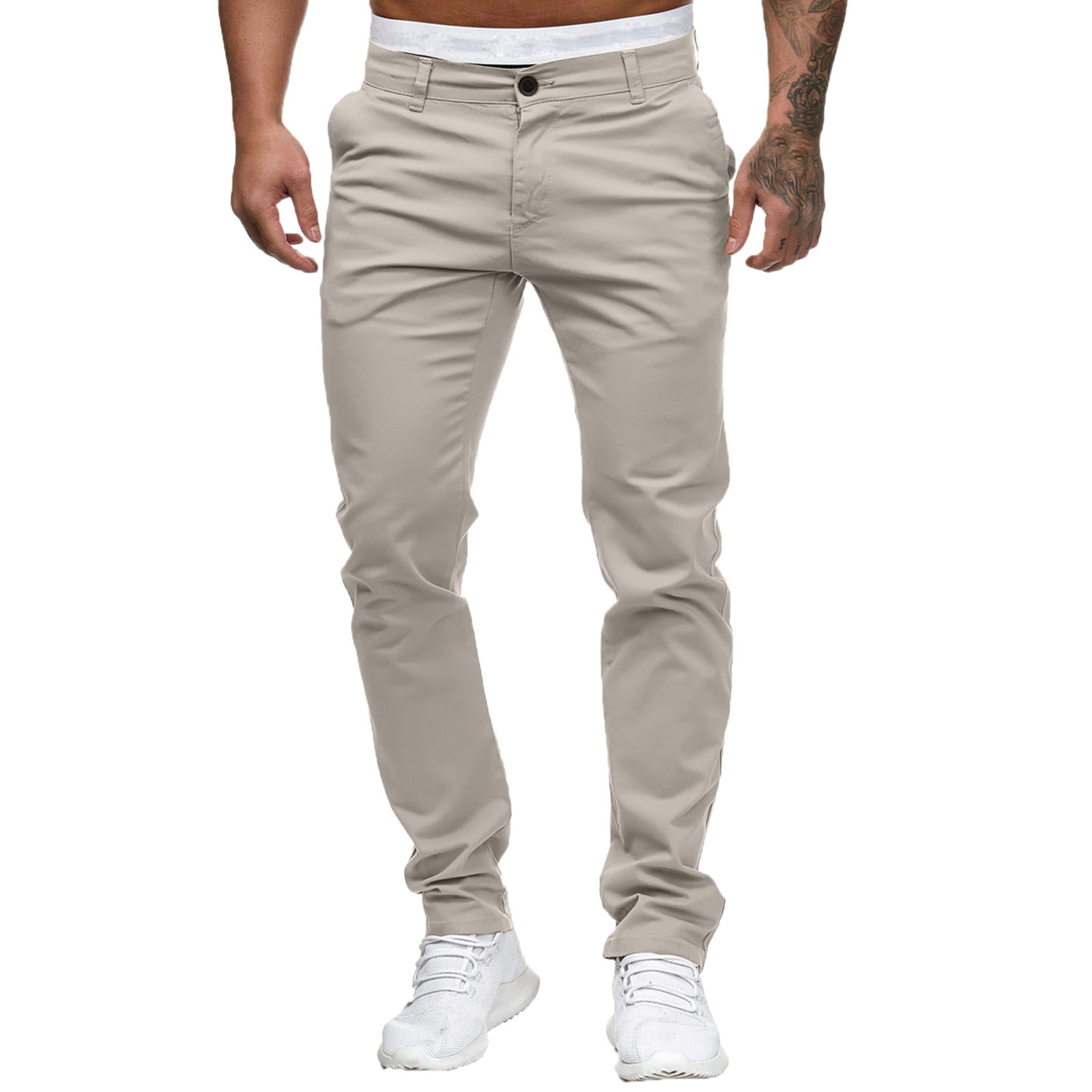 MRULIC jeans for men Slim Waist Full Trousers Men's Casual Solid Mid Pocket Length Fashion Pant Men's pants Men Casual Pants Khaki + XL