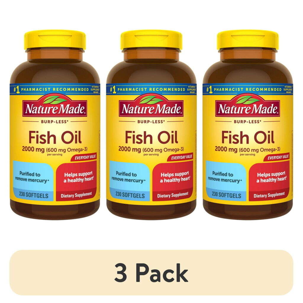 (3 pack) Nature Made Burp Less Fish Oil 2000 mg per Serving Softgels, Omega 3 Fish Oil Supplements, 230 Count