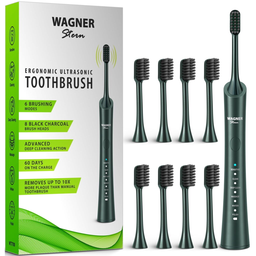 Wagner & Stern ultrasonic whitening Electric Toothbrush with 6 Brushing Modes. 8 Charcoal Brush Heads for Fresh Breath & Healthy Smile. (Green)