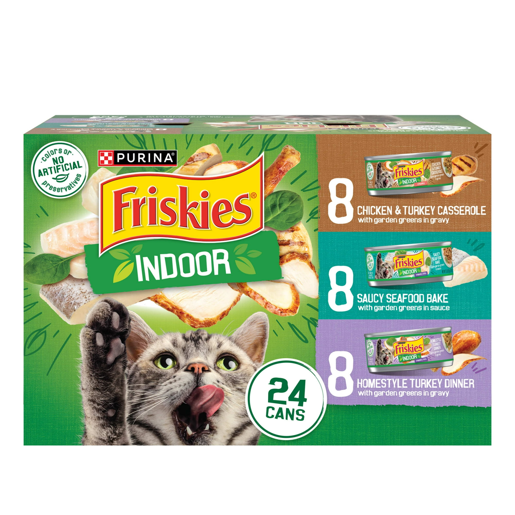 Purina Friskies Indoor Chicken, Seafood, & Turkey Wet Cat Food Variety Pack, 5.5 oz Cans (24 Pack)