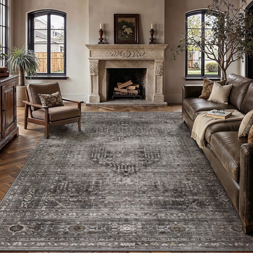 BERTHMEER 8'x10' Area Rugs for Living Room Bedroom Vintage Brown Carpets Kitchen Office Machine Washable Farmhouse Dining Room Oriental Rugs Non Slip Traditional Distressed Rugs