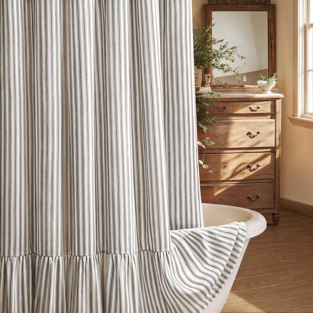 Shower Curtain with Ruffle Hem Linen Shower Curtains for Bathroom Country Vintage Rustic Natural Fabric, Cream-Black Stripe 72" W x 72" L