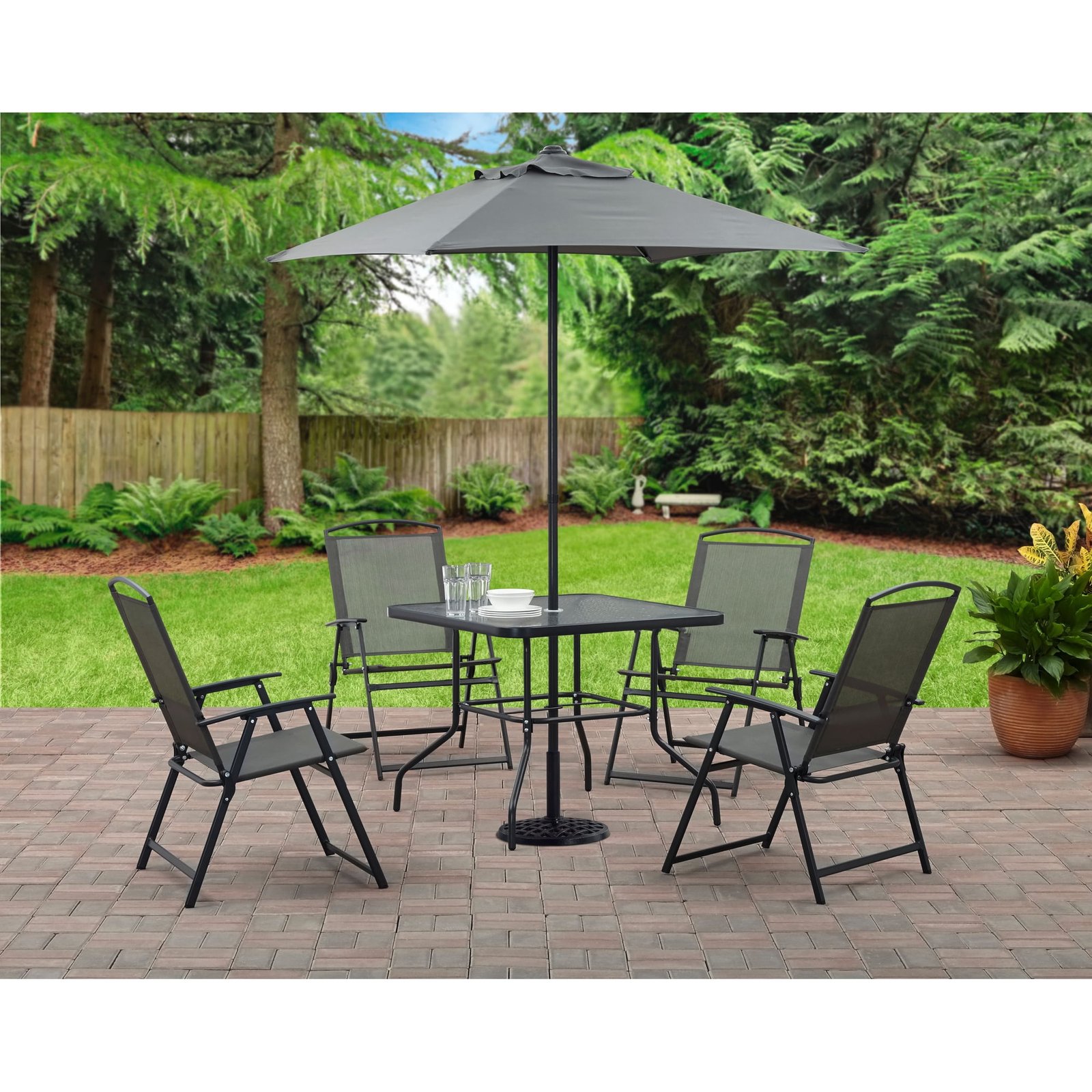 Mainstays Albany Lane 6-Piece Steel Outdoor Patio Dining Set with Umbrella, Gray