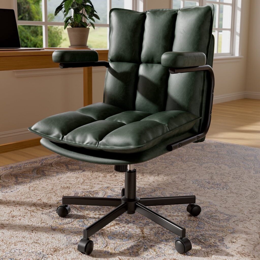 Genpo Green Office Chair, Mid Century Modern Desk Chairs with Arms, Thickend Back and Seat, Adjustable Height, Wheels, Vintage Leather Computer Chair for Home, Office