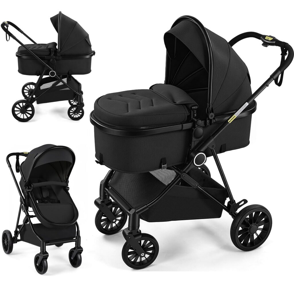 Vomeast Baby Stroller, Foldable Lightweight Travel Stroller, Reversible Seat, 5-Point Harness, Adjustable Canopy, Black