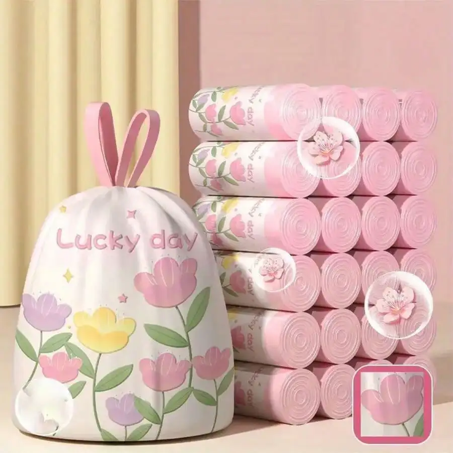 1roll 50pcs Lavender Scented Thickened Large Drawstring Trash Bags, High-Density Polyethylene Material, Tear-Resistant Printed Hand-Carry Cleaning Garbage Bags, Multi-Purpose Disposable Storage Bags, Suitable For Kitchen, Bathroom, Bedroom, Living Room