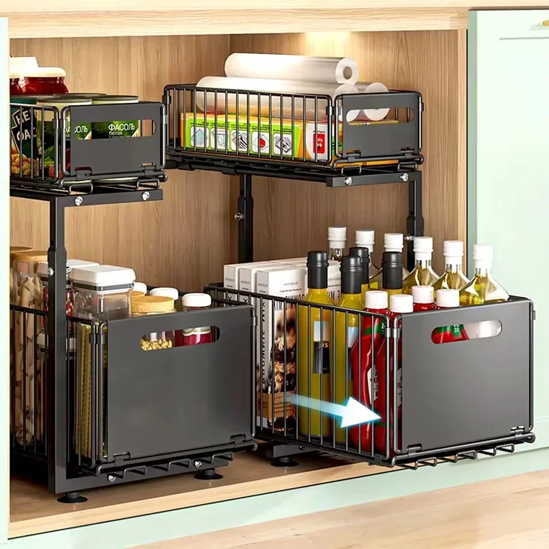 2 Tier Adjustable Pull Out Under Sink Organizer Slide Drawer Kitchen Spice Jar Storage Rack Cabinet Shelf