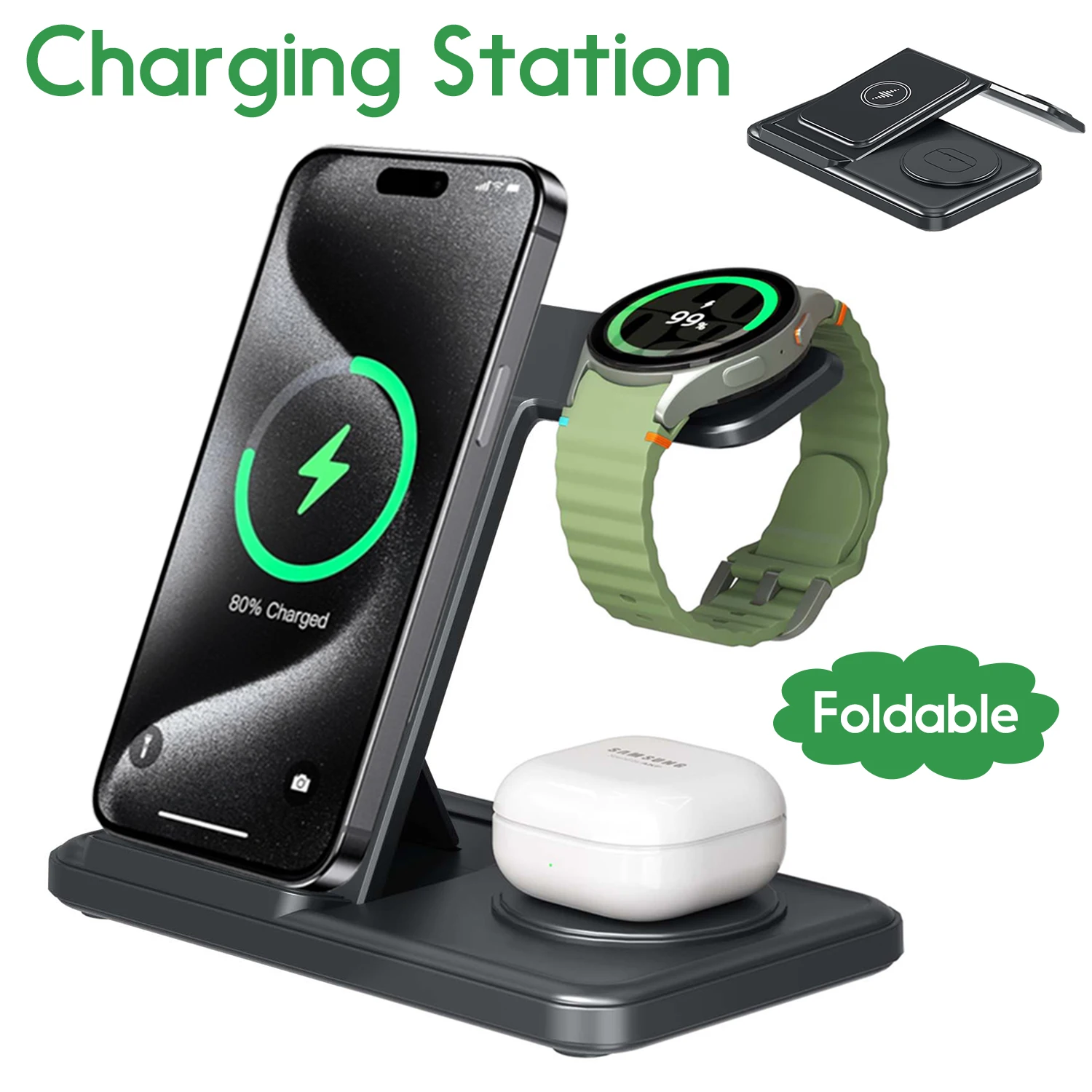 Desktop 3-in-1 Wireless Charger Station For Samsung S26 S25 S24 Ultra Galaxy Watch 8 7 6 5 4 3 Buds3 Pro/Buds Pro2 Fast Charging
