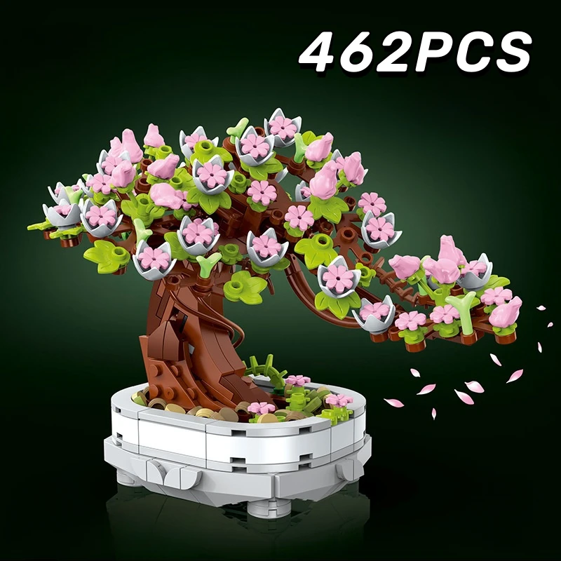 462PCS Bonsai Building Block Flower Creative Plant Cherry Blossom Tree Potted Bouquet DIY Home Decoration Gifts Toys