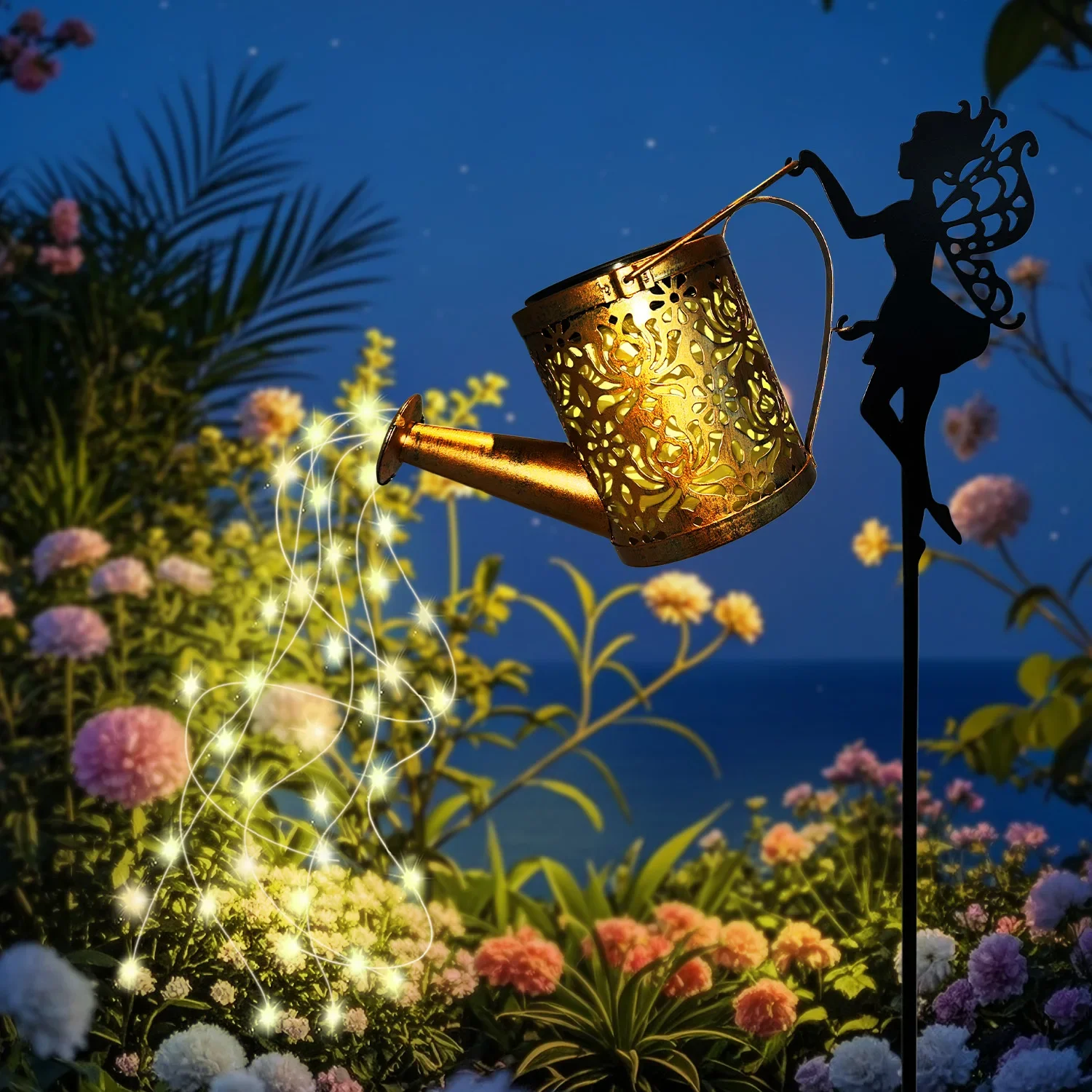 2025 New 1PC Solar Watering Can Lights, Outdoor Waterfall Garden String Fairy Lights, Solar Kettle Projection Light