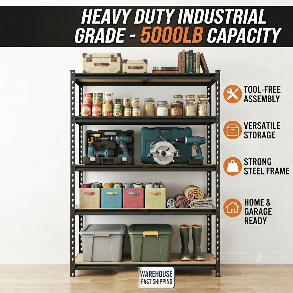 27.6'W X 60'H 5-Tier Garage Shelving Unit, 2200 LBS Heavy Duty Storage Shelves, Metal Rack with MDF Board, Screw Assembly Adjustable Utility Organizer for Basement Pantry Kitchen Laundry Closet, 440 LBS Load Per Shelf, 1 or 2 Pack