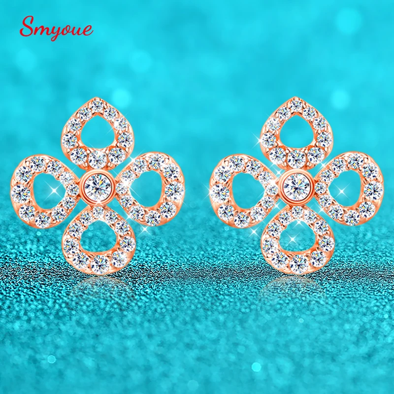 Smyoue Flower All Moissanite Stud Earrings for Women Full Diamond Round Cut Sparkling Girls Jewelry Pure 925 Silver Plated 18k