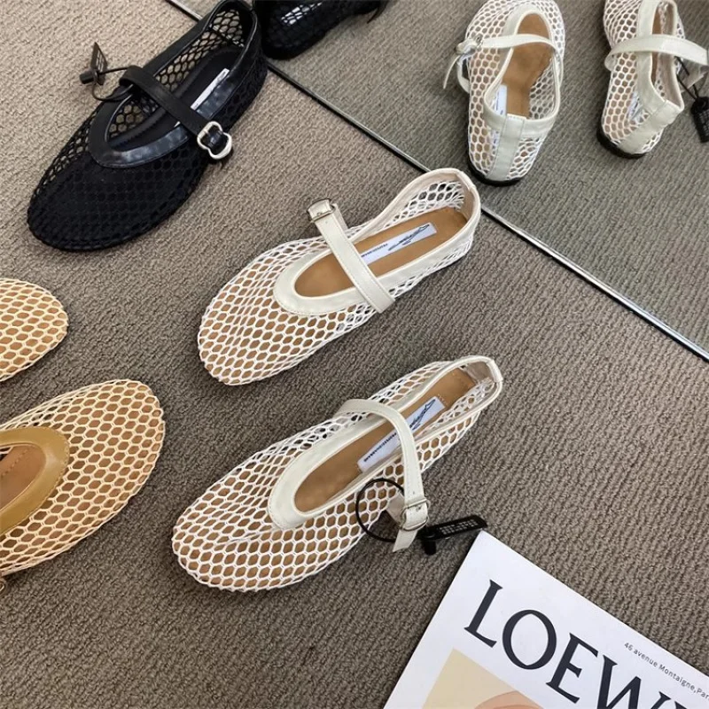2025 New Hollow Mesh Women's Flat Ballet Shoes - Casual Fashion Versatile Breathable Fishnet Sandals