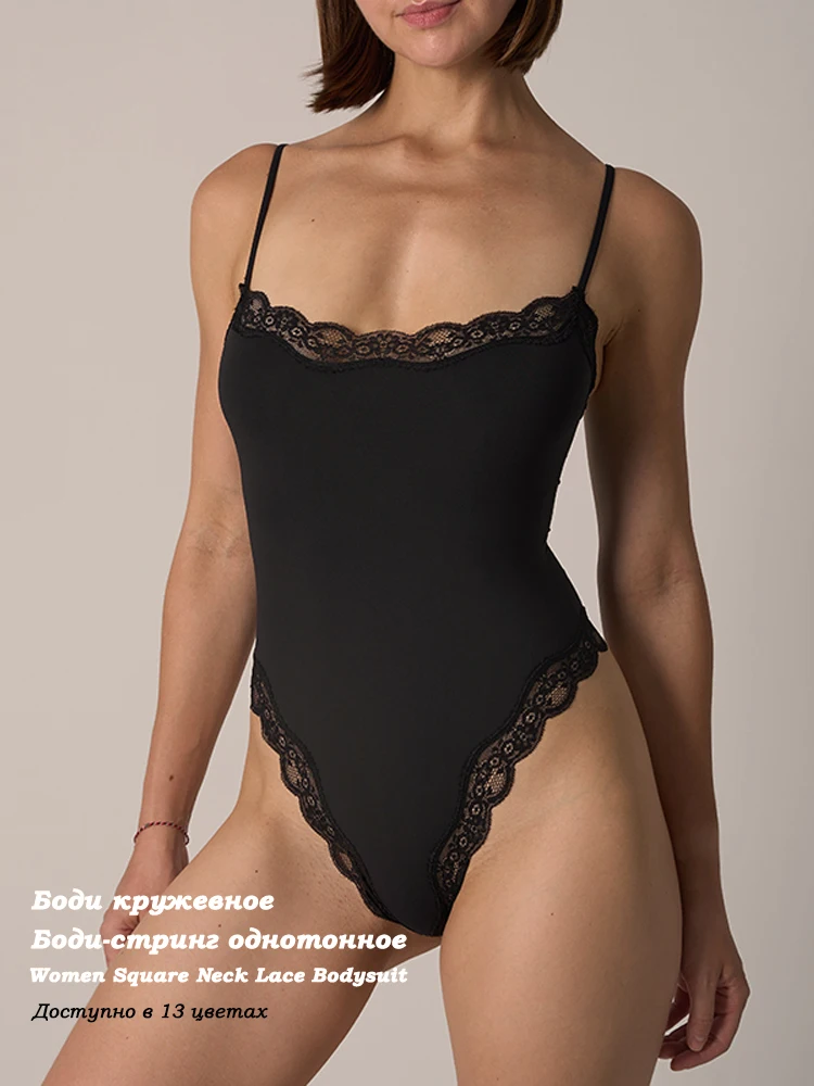 VITALINOVO Women Square Neck Lace Trim Bodysuit High Cut Thong Spaghetti Strap Cami Bodysuit Double Layer Going Out Tank Tops