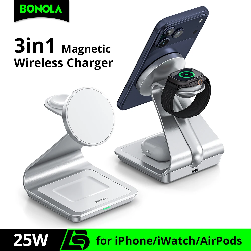 Bonola Magnetic 3 in 1 Wireless Charger for iPhone 17/16/15/13/14/12 30W Wireless Charging Station for Apple Watch/AirPods Pro