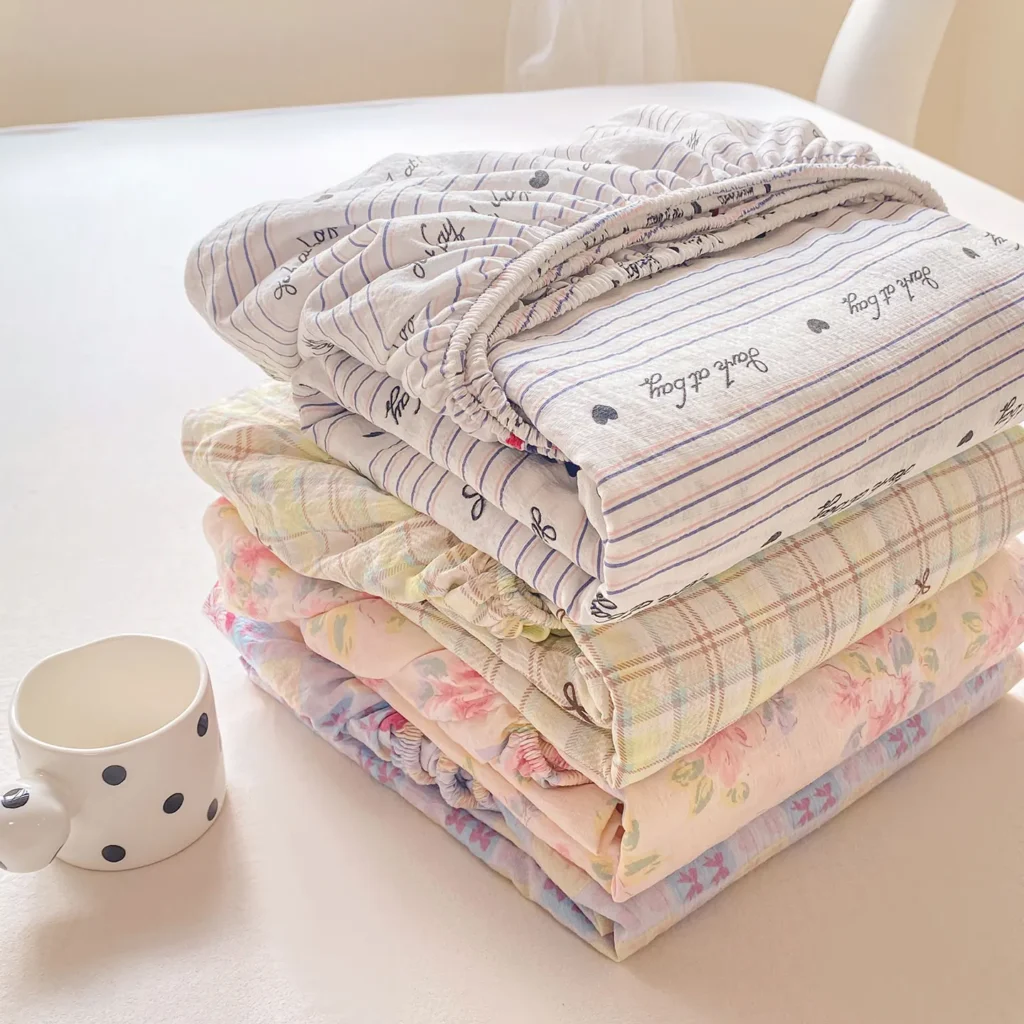Washed Cotton Fitted Sheet with Elastic Bands Non Slip Adjustable Mattress Cover Printed Pure Cotton for Double King Queen