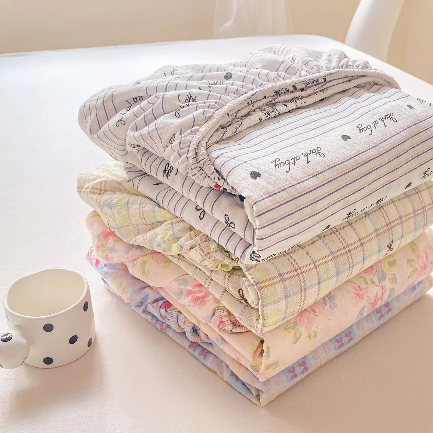 Washed Cotton Fitted Sheet with Elastic Bands Non Slip Adjustable Mattress Cover Printed Pure Cotton for Double King Queen