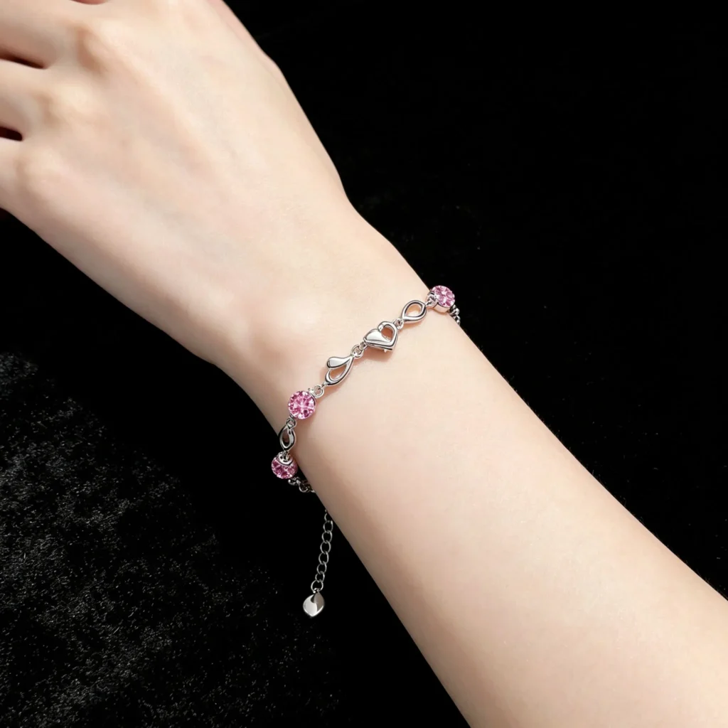 LYEE CYEE 925 Sterling Silver Heart Shaped Bracelet For Women vintage Style Pink Moissanite Charm Bracelets Original Party Jewelry