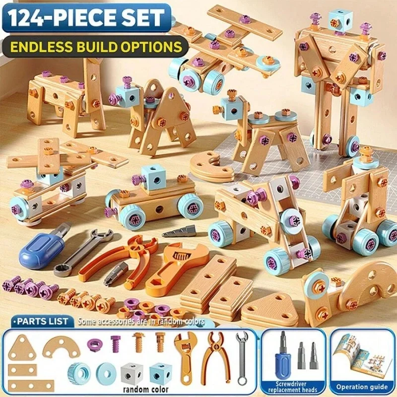 126Pcs Kids DIY Wooden Building Construction Tool Set with Bidirectional Electric Drill, Pretend Repair Workshop Assembly STEM Educational Toy Storage Box Gift for Boys Ages 3-8