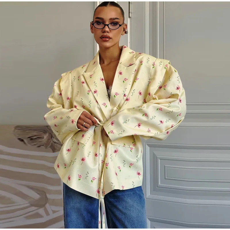 Floral Printed Blazer Jacket Women Fashion Lapel Long Sleeve Lace Up Waist Coats Autumn Lady Shoulder Pads Outerwear Blazer
