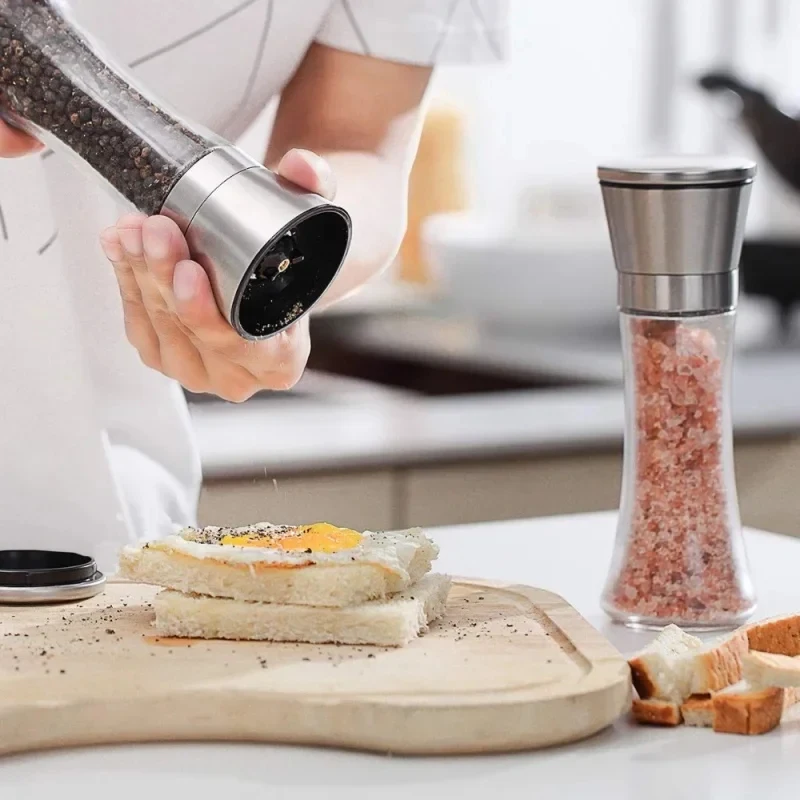 Manual Salt Pepper Grinder, 180/200ML Stainless Steel Glass Spice Bottle, Household Kitchen Gadgets