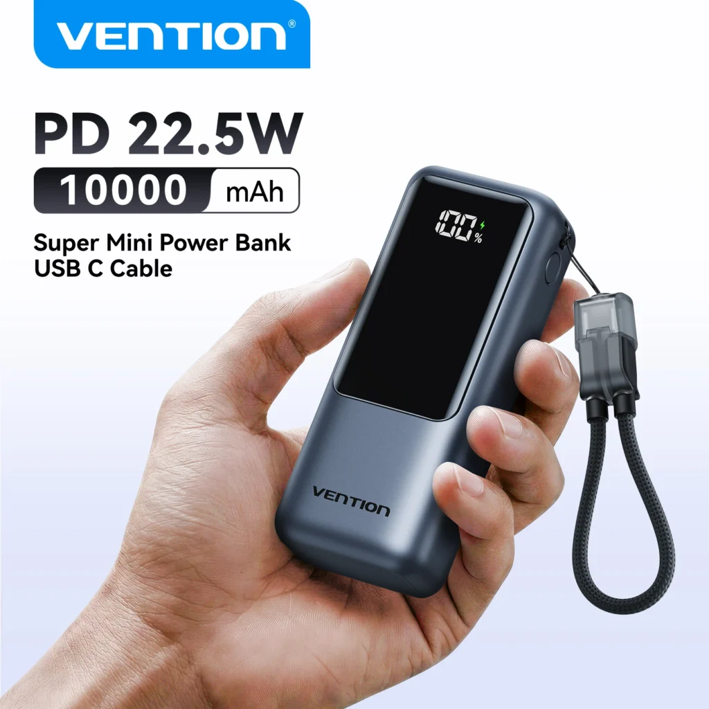 Vention 10000mAh Mini Power Bank 22.5w Portable Charger Built-in USB C Cable PD 3.0 Fast Charging for iPhone 17 18 Samsung S26