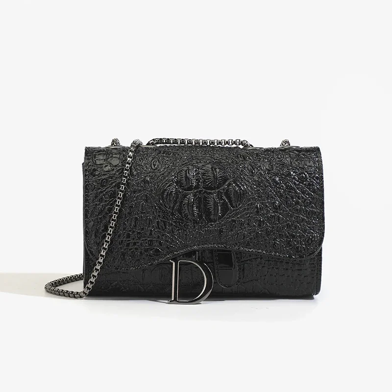 Fashion Ladies Croc Pattern Sequined Chain Crossbody Bag D‑Buckle Shoulder Messenger Handbag Women Evening Party Purse