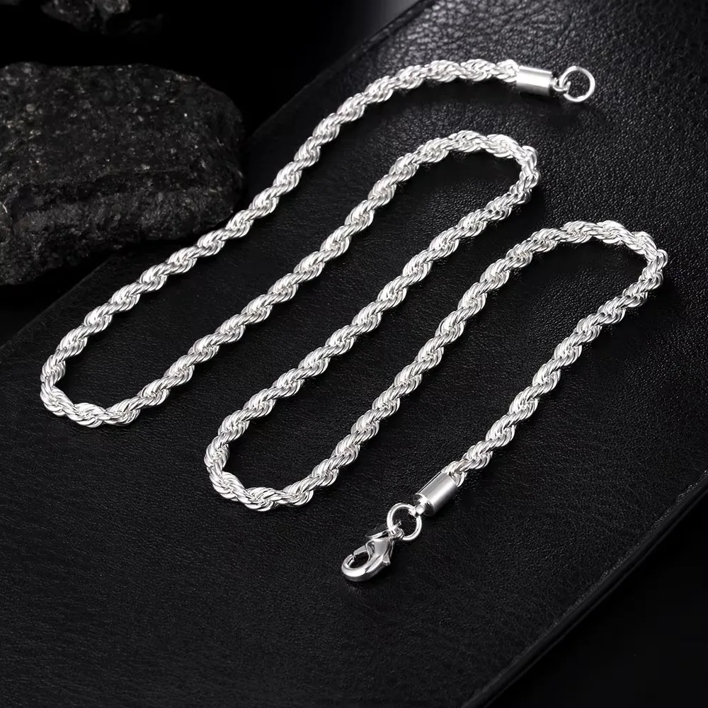 2PCS 925 Sterling Silver Rope Chain Set, 4MM 40-60cm, Necklace & Bracelet, Fashion Jewelry for Men Women, Wedding Daily Gift