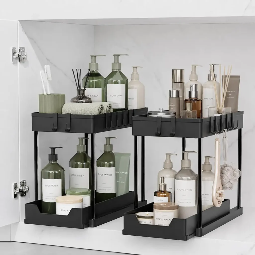 2 Tier Sliding Under Sink Organizer with 5 Side Hooks and 3 Detachable Hanging Baskets,Pull Out Rustproof Metal Storage Rack,Tool Free Assembly,Multi Scene Space Saving Shelf for Kitchen,Bathroom,Laundry Room,Pantry,Apartment,Dorm,RV