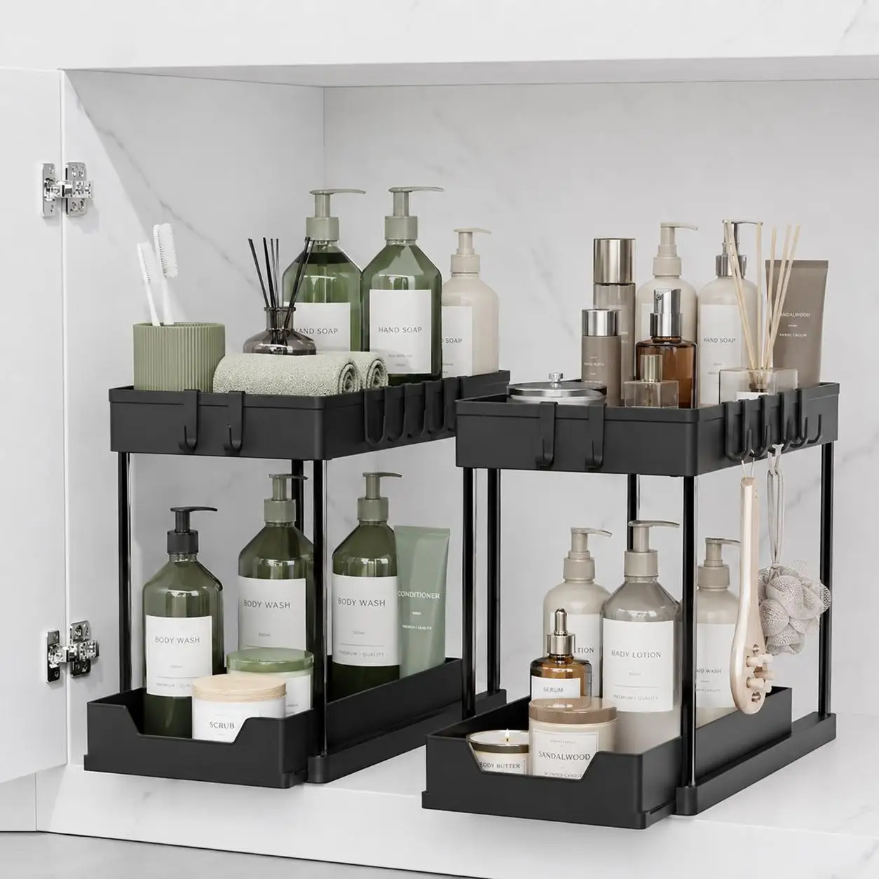 2 Tier Sliding Under Sink Organizer with 5 Side Hooks and 3 Detachable Hanging Baskets,Pull Out Rustproof Metal Storage Rack,Tool Free Assembly,Multi Scene Space Saving Shelf for Kitchen,Bathroom,Laundry Room,Pantry,Apartment,Dorm,RV