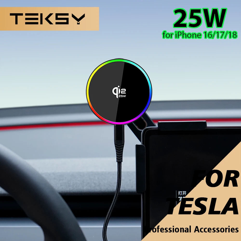 Car Phone Mount Holder 15W 25W Qi2 Compatible with MagSafe Magnetic Wireless Charger for Tesla Model Y Juniper 2026 Model 3 BYD