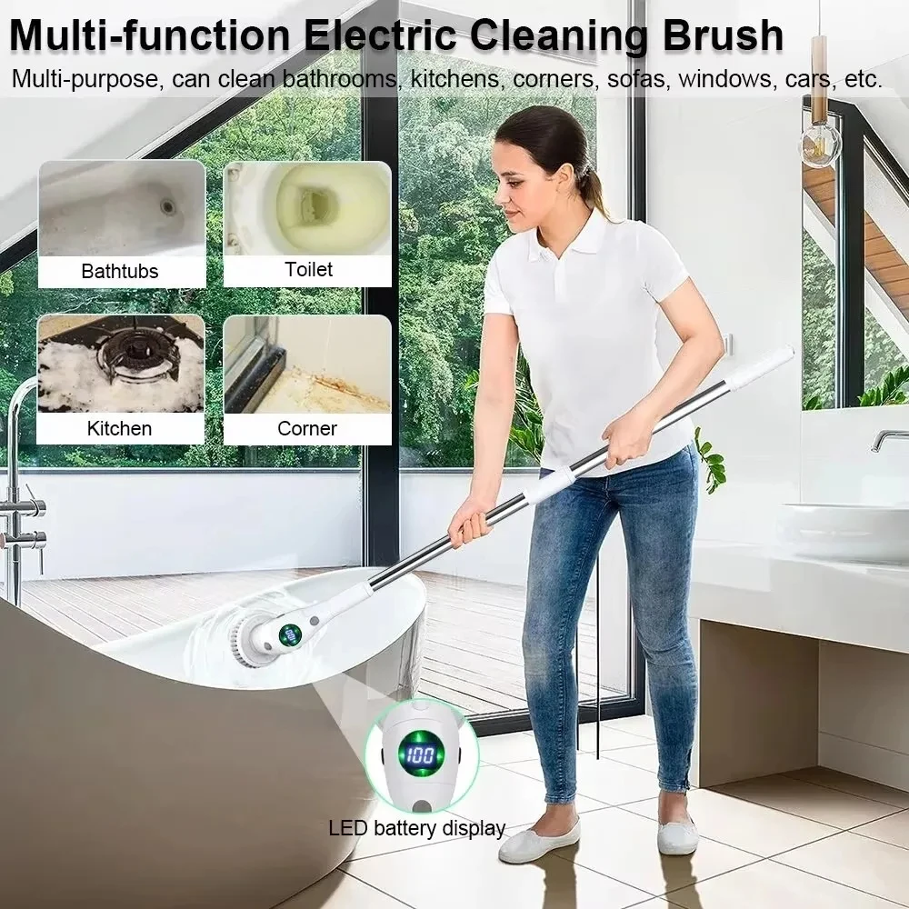 8-in-1 Multifunctional Electric Cleaning Brush Bathroom Kitchen Brush Cleaning With LED NightLight Rotatable Household Brush