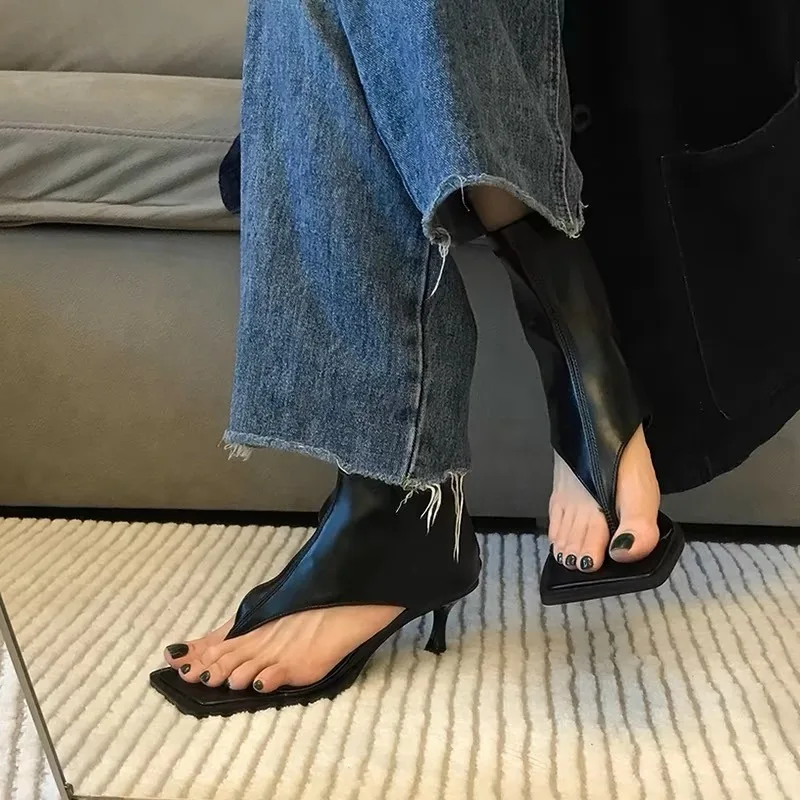 Stiletto Clip-in Herringbone Toe Square Toe Sandals Women's High Heel Cold Boots All-match Booties Summer