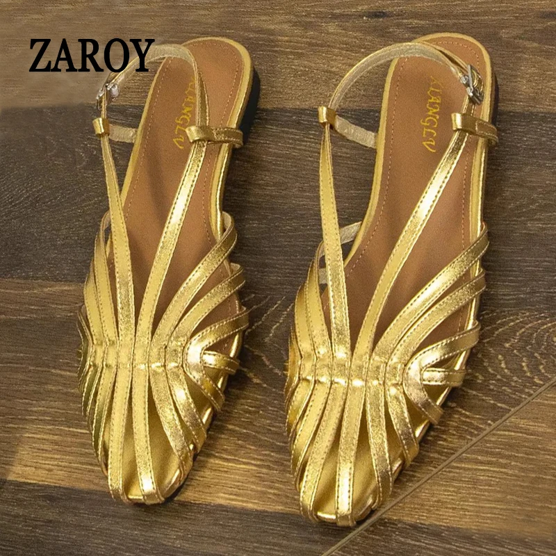 ZAROY Narrow Band Women Flat Sandals Large Size Designer Brand Banquet Wedding Shoes Summer Hollow Beach Gladiator Sandalias