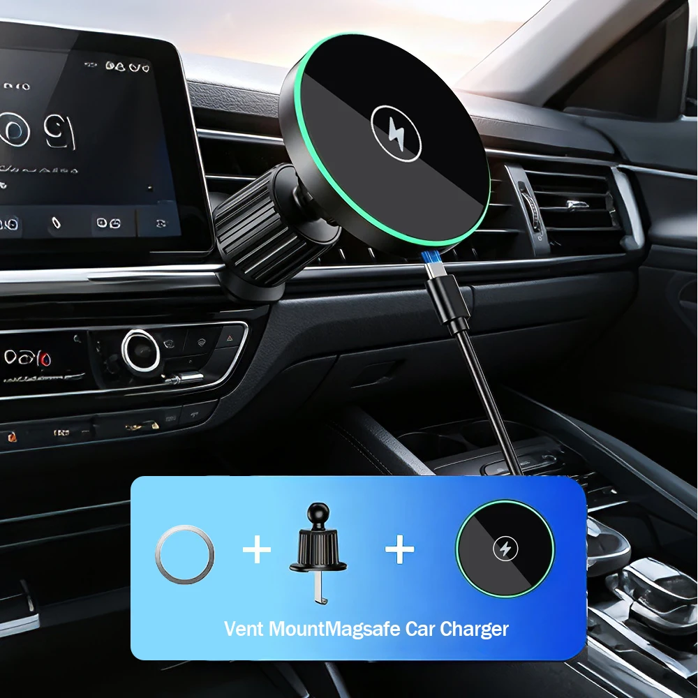 30W Fast Charging Magnetic Car Wireless Charger, LED Light Phone Mount Holder for iPhone 12, 13, 14, 15๏ผ16๏ผ17๏ผ Pro Max