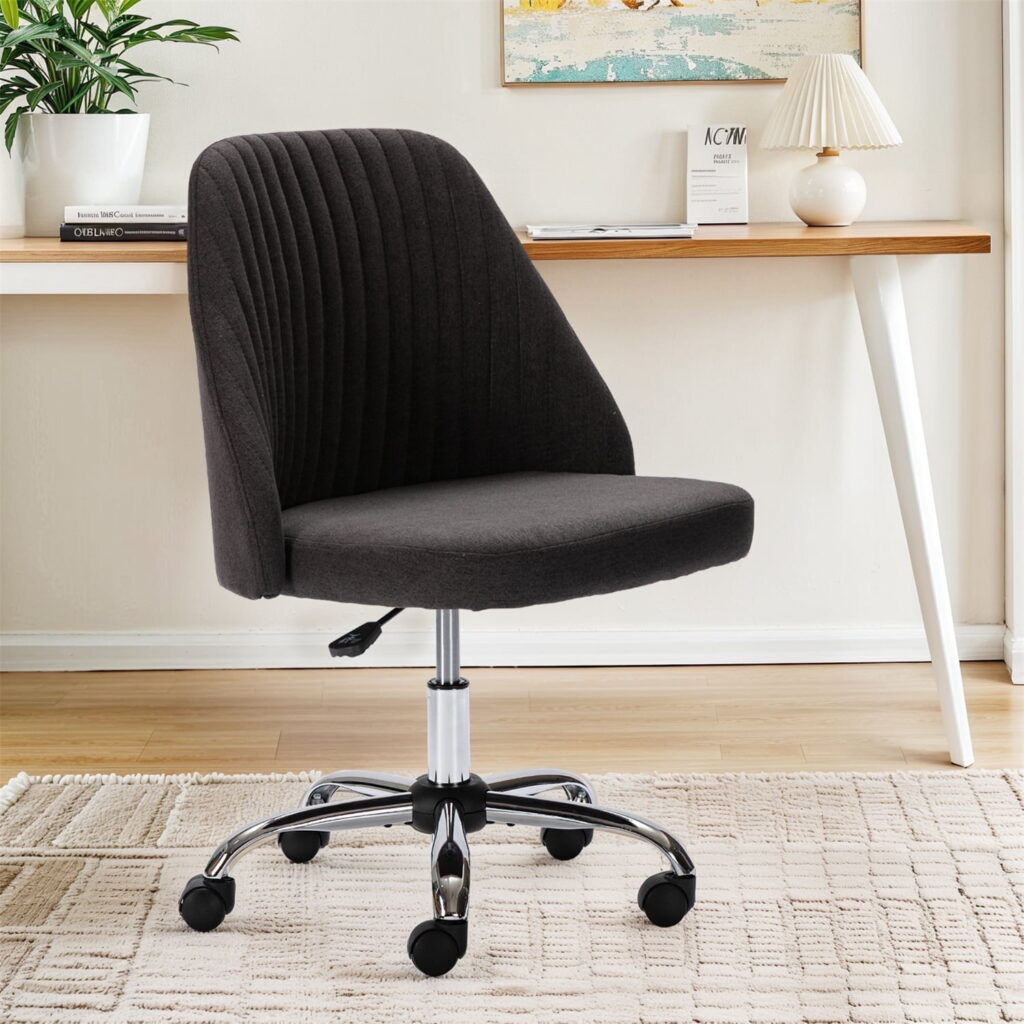 Home Office Chair, Mid Back Armless Fabric Upholstered Desk Chair with Wheels Adjustable Swivel Vanity Chair for Bedroom,Living Room, Dark Gray