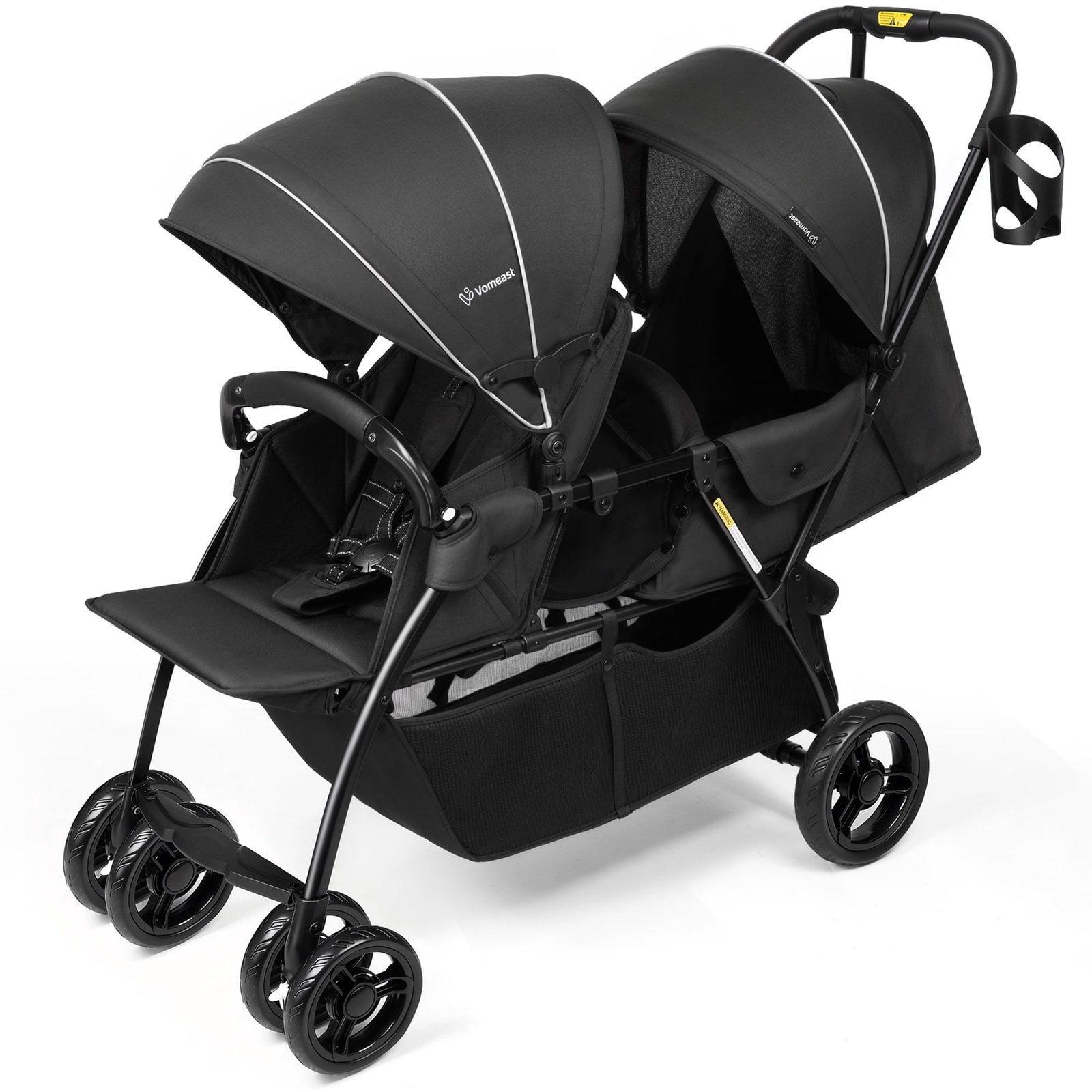Vomeast Double Stroller for Twins, Foldable Lightweight Travel Stroller for Infant and Toddler, 5-Point Harness, Adjustable Canopy & Reclining Seat, Black