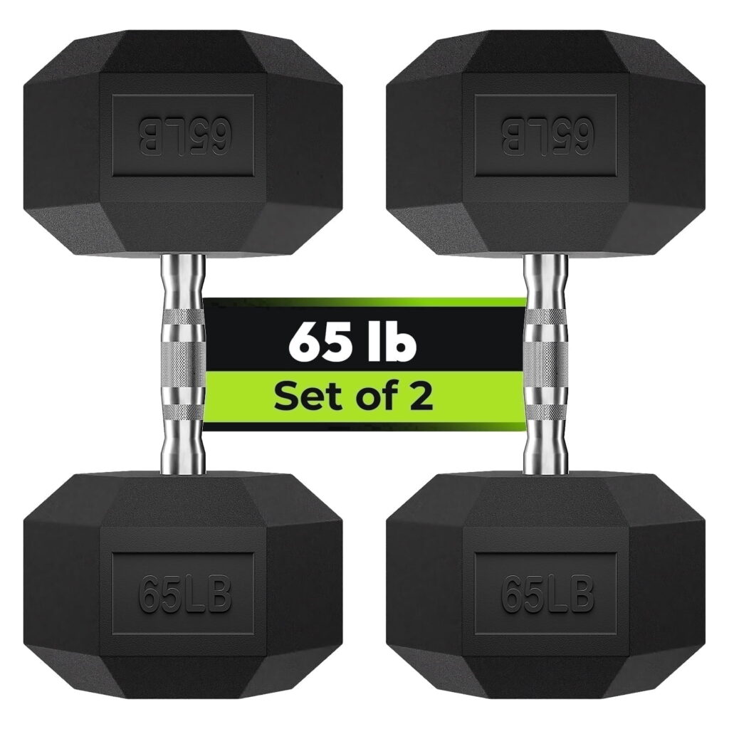 HANDBODE Hex Dumbbells, Rubber Encased, 65 lb, Pair