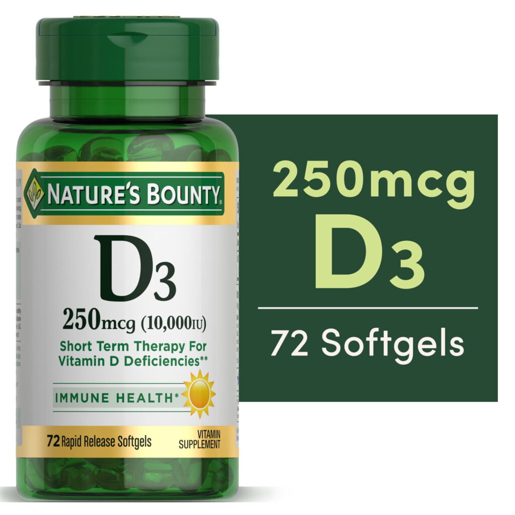 Nature's Bounty Vitamin D3 Cholecalciferol Softgels, 250 mcg 10,000 IU, Immune Support, Bone Health, High Potency, 72 Count
