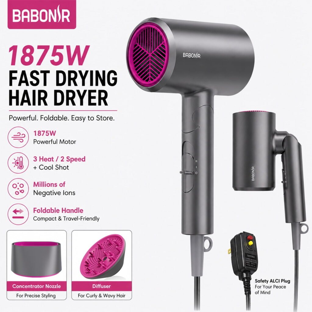 BABONIR Hair Dryer, 1875W Fast Drying Blow Dryer with Ionic Technology, Foldable Handle, Diffuser and Concentrator, Gray