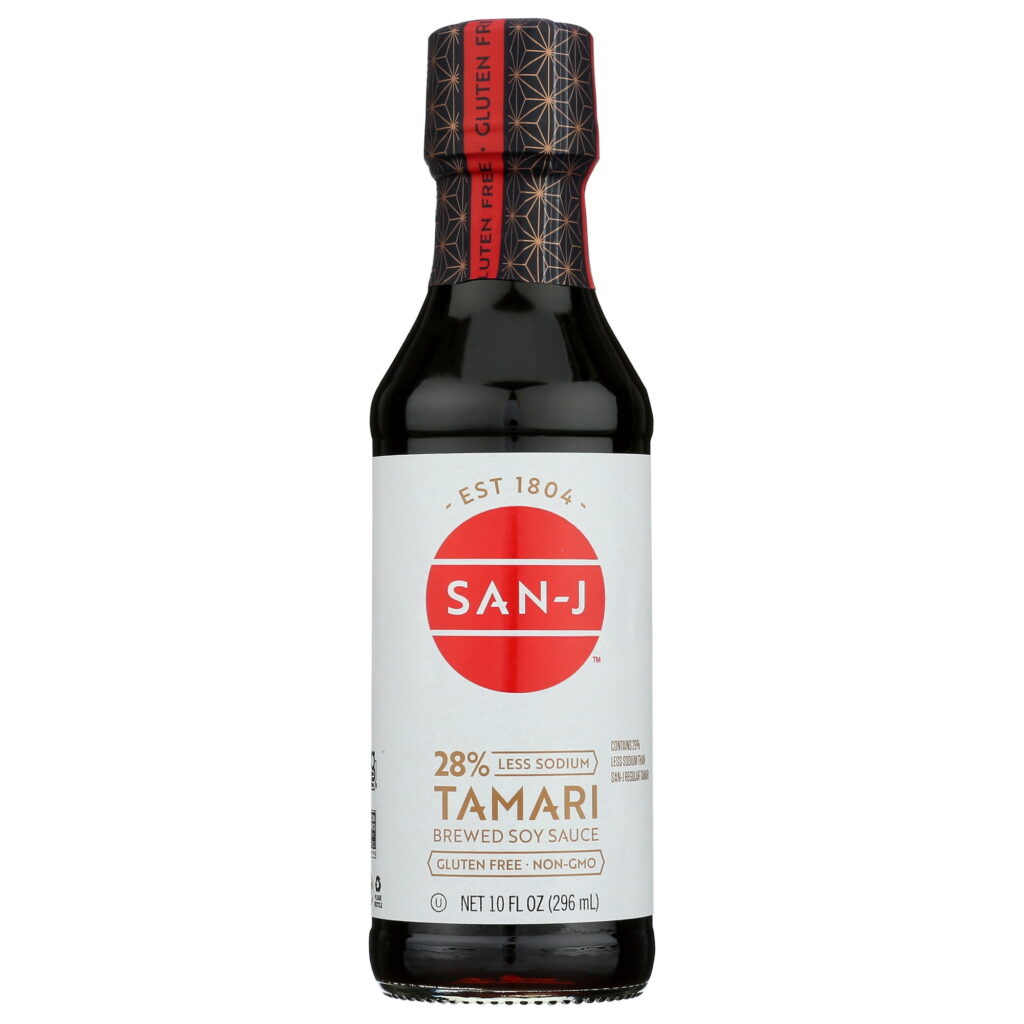 San-J Tamari Gluten Free Soy Sauce Reduced Sodium, 10.0 Fl oz., in a glass bottle