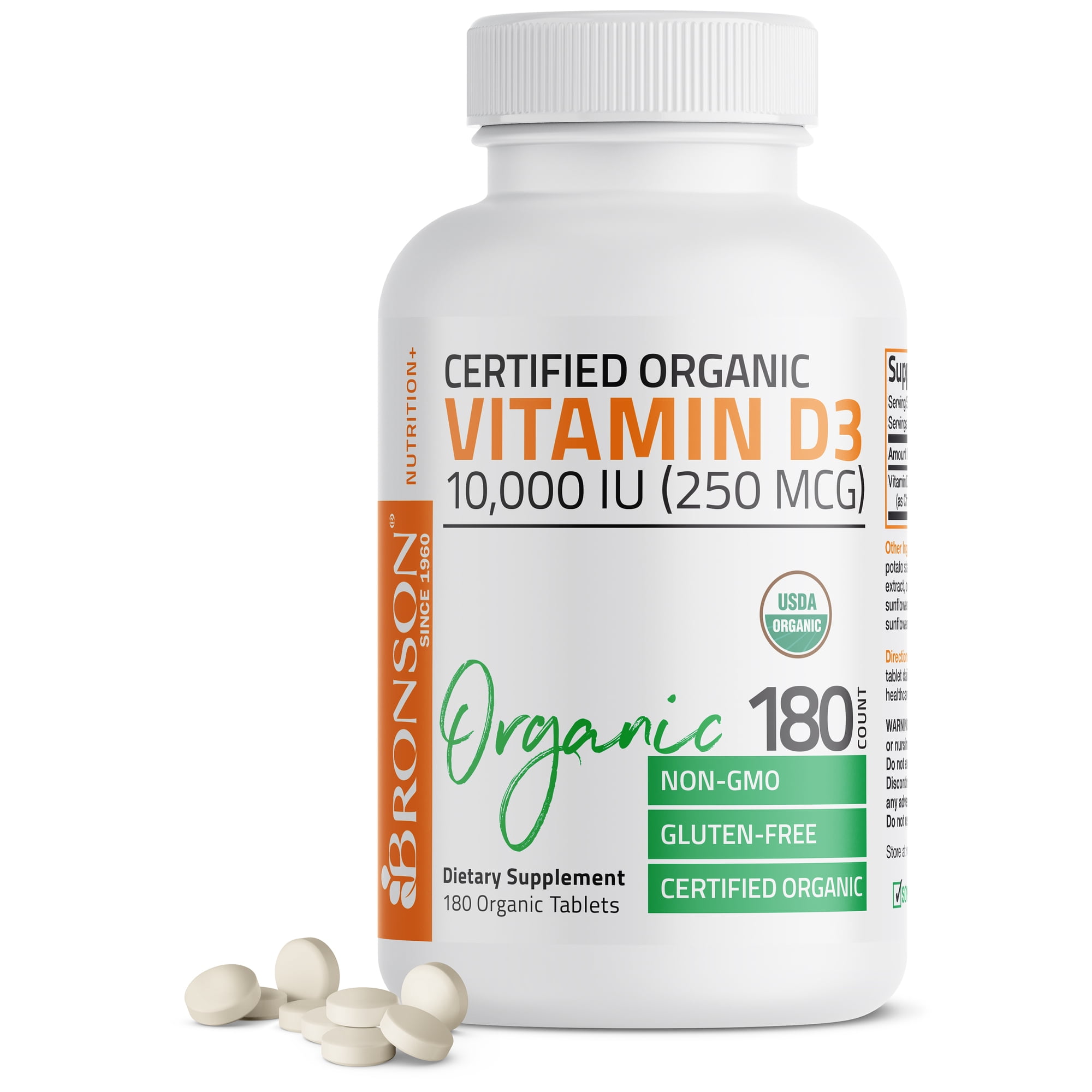 Bronson Vitamin D3 10,000 IU Bone Health and Immune Support, USDA Certified Organic, Non-GMO Gluten Free, 180 Tablets