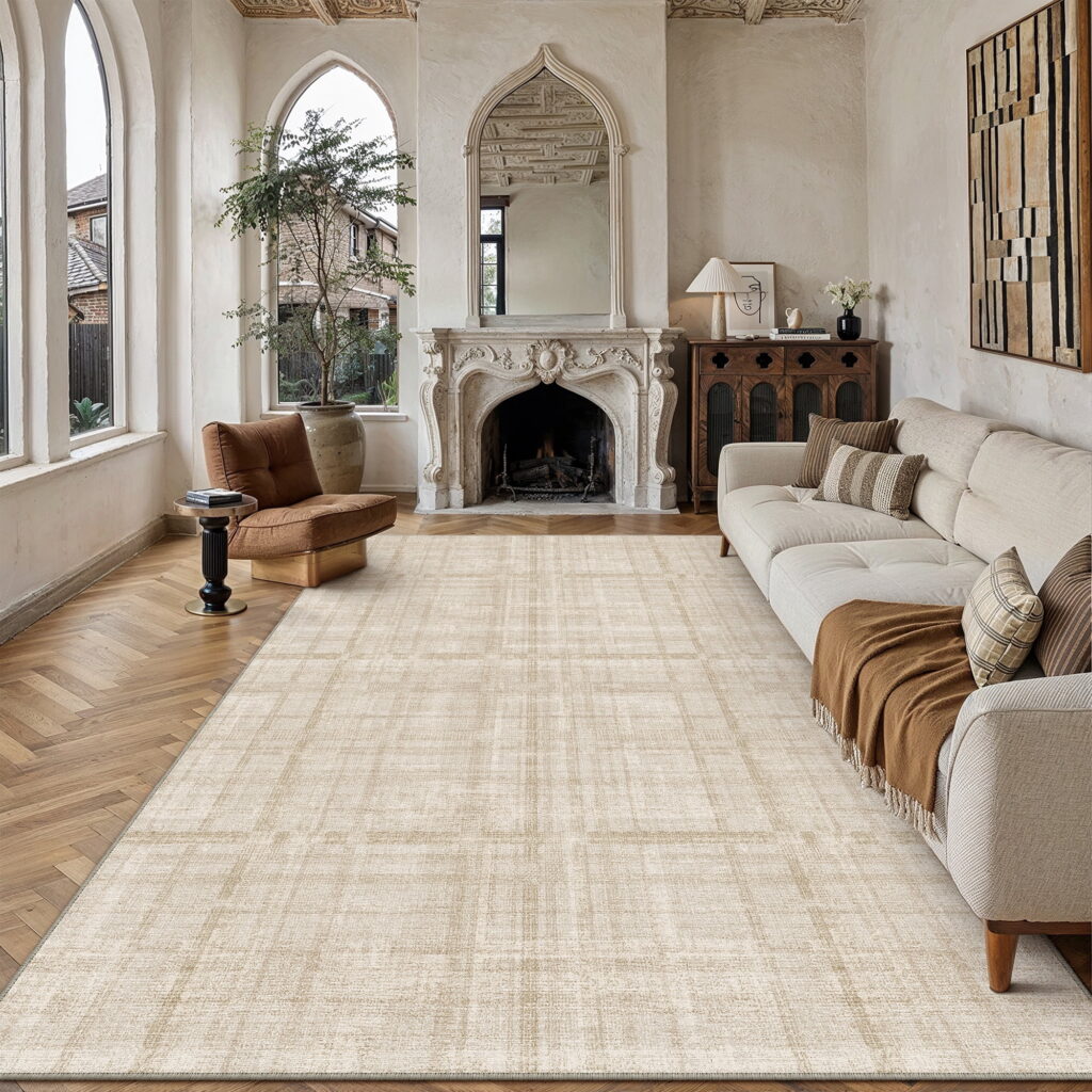 BERTHMEER 8'x10' Area Rugs for Living Room Large Beige Plaid Modern Geometric Rugs for Bedroom Office Machine Washable Farmhouse Dining Room Rugs Non Slip Contemporary Carpets