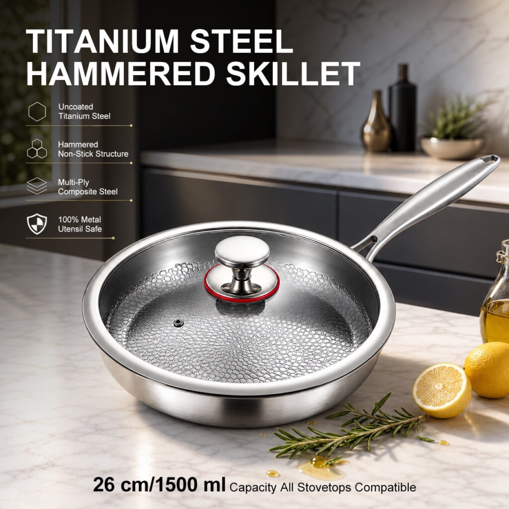 Doulami Titanium Wok Alloy Frying Pan, Hammered Forged Uncoated Cookware, Compatible with All Stovetops